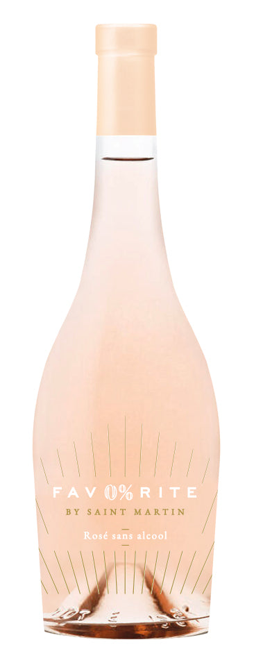 Flasche Fav0%rite alkoholfreie Schaumwein-Alternative Rosé, elegante Form mit hellrosa Inhalt und goldenen Akzenten.