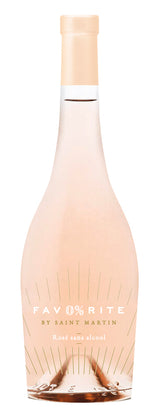Flasche Fav0%rite alkoholfreie Schaumwein-Alternative Rosé, elegante Form mit hellrosa Inhalt und goldenen Akzenten.