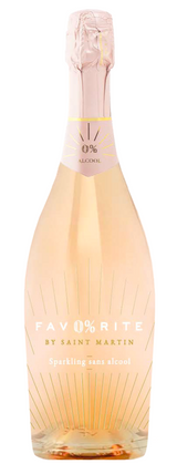 Flasche dealkoholisierter Rosé-Schaumwein Fav0%rite in Hellrosé, schlanke Glasflasche mit goldenen Linien und roséfarbener Kapsel