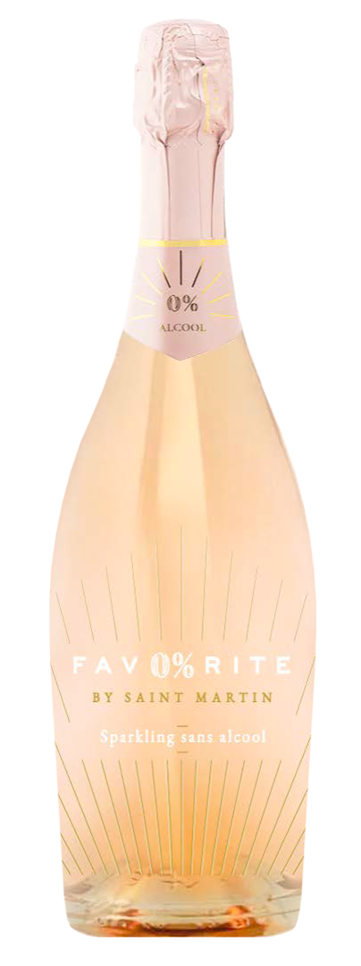 Flasche dealkoholisierter Rosé-Schaumwein Fav0%rite in Hellrosé, schlanke Glasflasche mit goldenen Linien und roséfarbener Kapsel