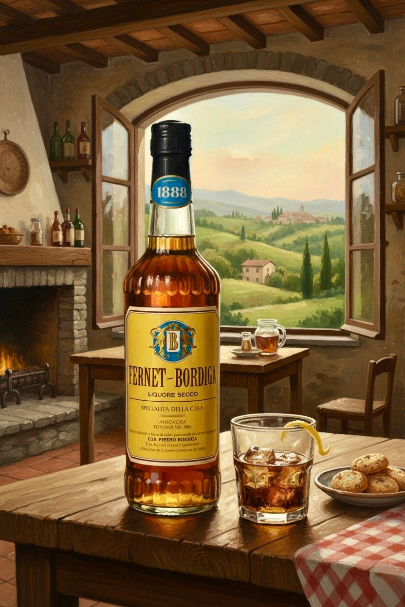 Fernet-Bordiga Flasche auf rustikalem Holztisch in norditalienischem Landhaus mit Blick auf grüne Hügel.