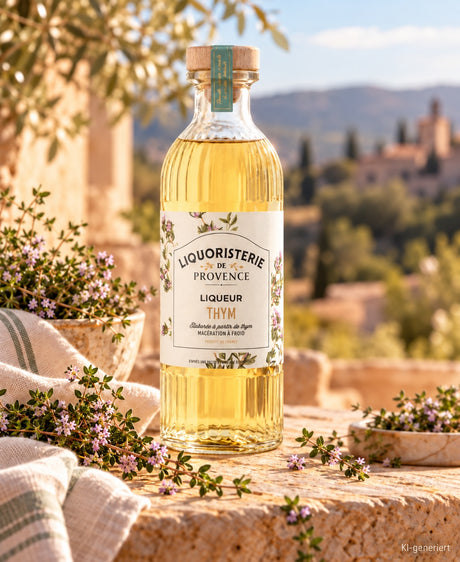 Fleur de Thym Thymianlikör der Liquoristerie de Provence auf einer sonnigen Steinterrasse mit blühendem Thymian.