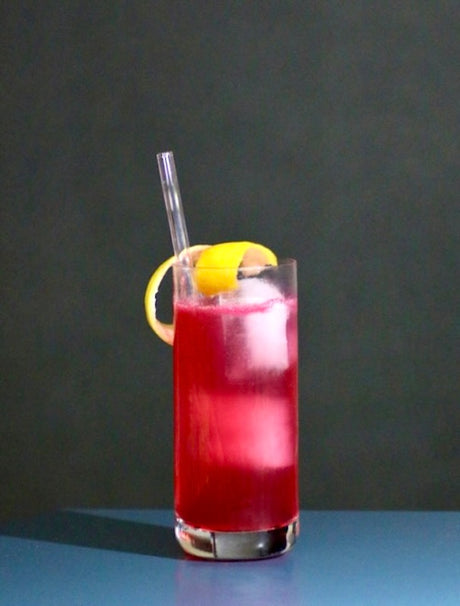 Roter Ginny Cocktail im Highball-Glas mit Eiswürfeln, Zitronenscheibe und transparentem Trinkhalm vor dunklem Hintergrund.