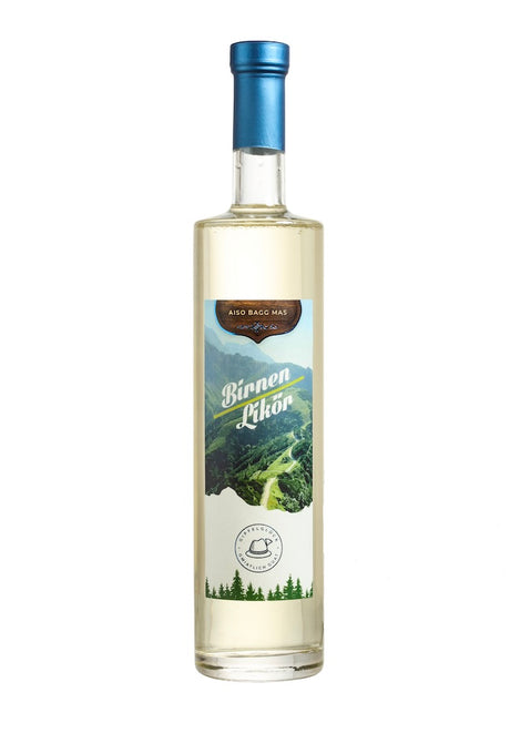 Flasche Gipfelglück Birnenlikör Schroll, 70 cl, mit blauem Verschluss und Naturmotiv auf dem Etikett