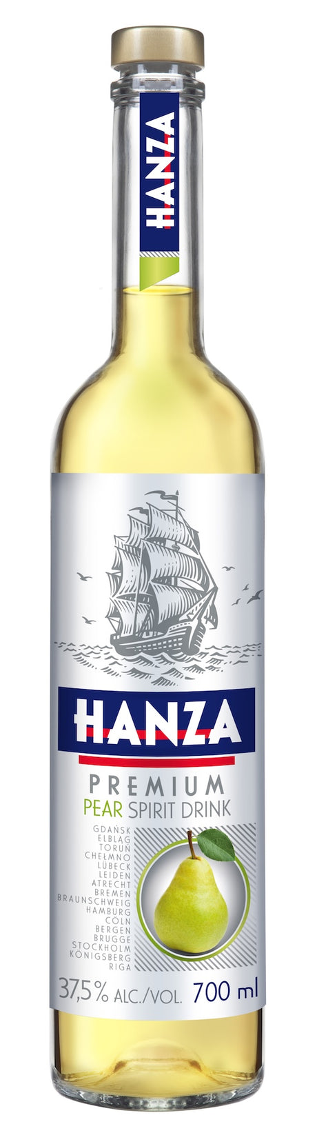 Flasche Hanza Premium Pear Spirit Drink, 700 ml, mit Schiffsmotiv und Birnengrafik, Alkoholgehalt 37,5 % Vol.