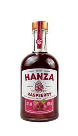 Rotbraune Hanza Himbeer-Spirituose (32% Vol, 500 ml). Etikett zeigt Himbeeren und ein Segelschiff der Hanse-Liga.