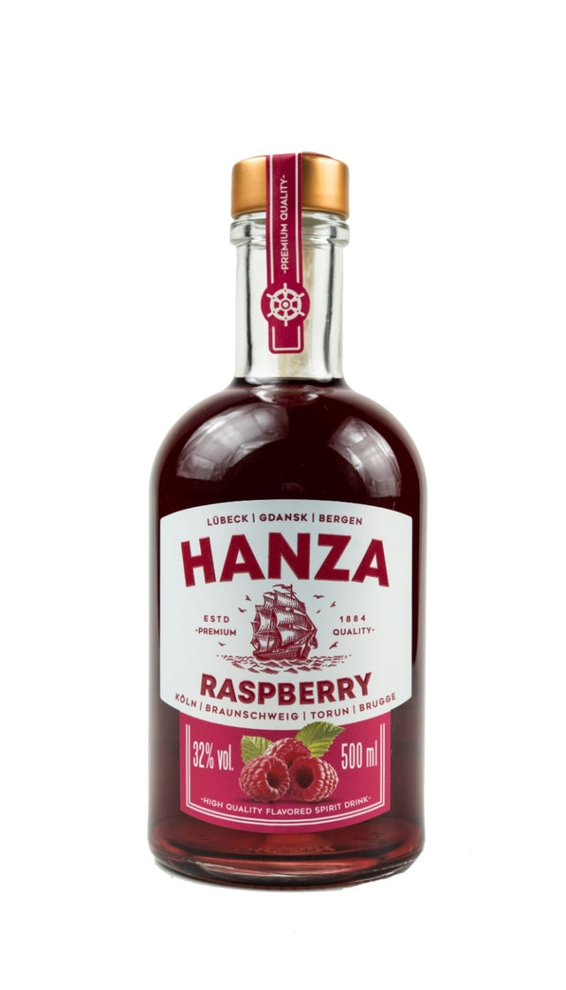 Rotbraune Hanza Himbeer-Spirituose (32% Vol, 500 ml). Etikett zeigt Himbeeren und ein Segelschiff der Hanse-Liga.