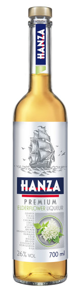Hanza Holunderblütenlikör 700 ml – Flasche mit Segelschiff, Blütengrafik und Liste historischer Hansestädte
