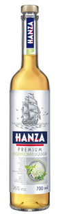 Hanza Holunderblütenlikör 700 ml – Flasche mit Segelschiff, Blütengrafik und Liste historischer Hansestädte