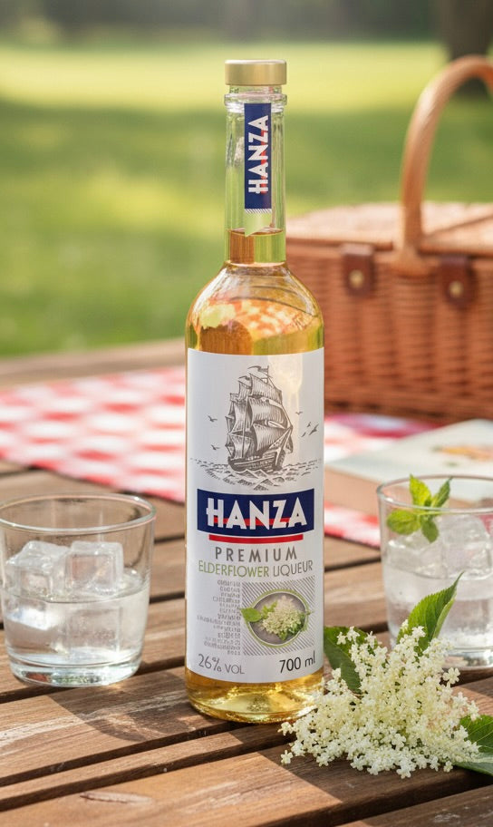 Hanza Holunderblütenlikör Flasche und Glas. Dekoriert mit frischen Holunderblüten und Minze auf einem rustikalen Holztisch.