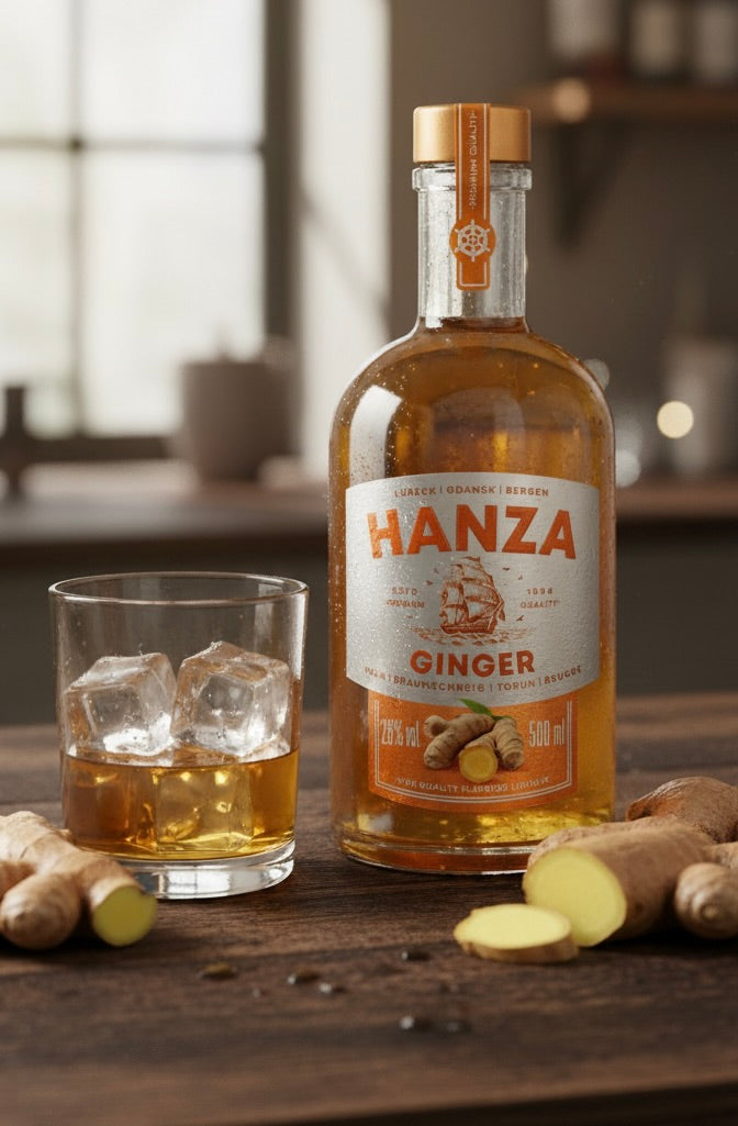 Hanza Ingwer Likör Flasche und Glas. Dekoriert mit frischem Ingwer, Limetten und Eis auf einer dunklen Holzoberfläche.