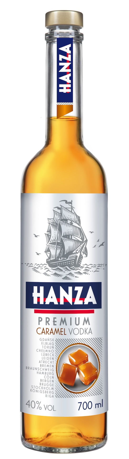 Flasche Hanza Premium Caramel Vodka, mit goldener Kappe, Segelschiff-Illustration und Karamellwürfeln auf dem Etikett.