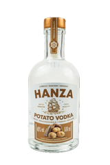 Hanza Potato Vodka 40% Vol, 500 ml. Weiße Flasche mit braunem Etikett, das ein Segelschiff und Kartoffeln zeigt.