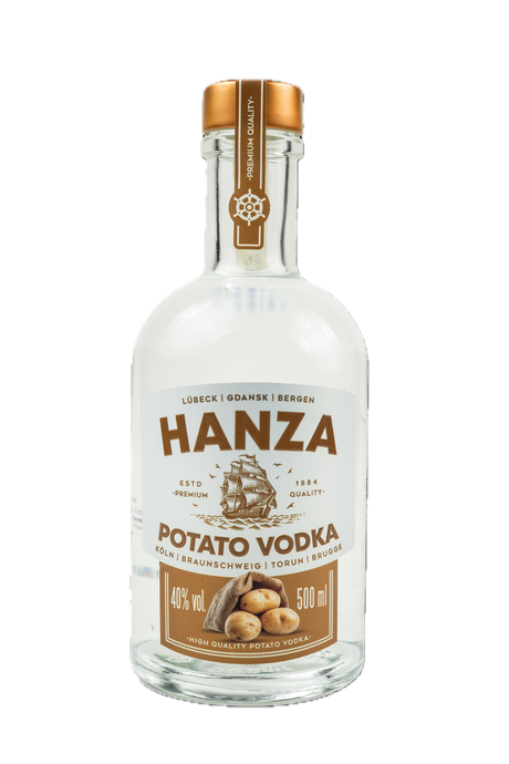 Hanza Potato Vodka 40% Vol, 500 ml. Weiße Flasche mit braunem Etikett, das ein Segelschiff und Kartoffeln zeigt.