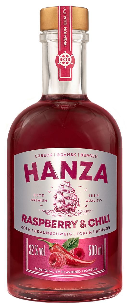 Hanza Himbeer Chili Spirituose 0,5l 32% Vol. Flasche mit rotem Etikett und goldfarbenem Verschluss