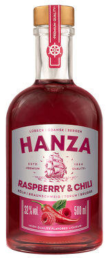 Hanza Himbeer Chili Spirituose 0,5l 32% Vol. Flasche mit rotem Etikett und goldfarbenem Verschluss