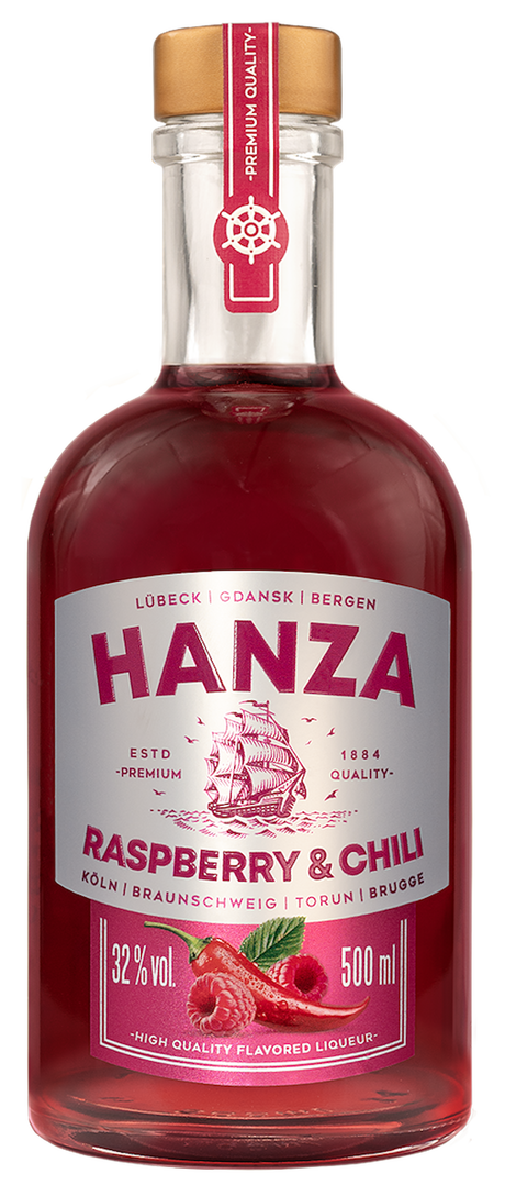 Hanza Himbeer Chili Spirituose 0,5l 32% Vol. Flasche mit rotem Etikett und goldfarbenem Verschluss