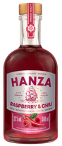 Hanza Himbeer Chili Spirituose 0,5l 32% Vol. Flasche mit rotem Etikett und goldfarbenem Verschluss