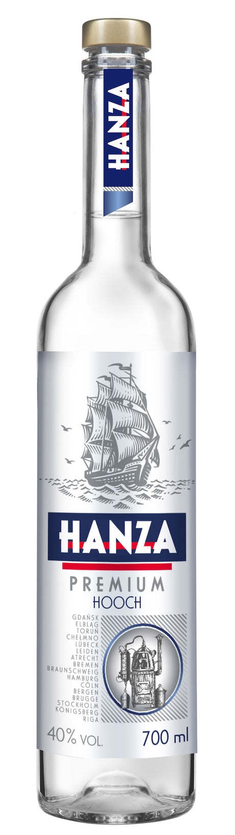 Klare Glasflasche Hanza Premium Hooch Vodka 700 ml mit Segelschiff-Motiv und blau-rotem Etikett auf weißem Hintergrund.