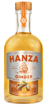 Transparente Flasche Hanza Ingwer Likör, 26% vol., 500ml. Orangefarbenes Etikett mit Segelschiff und Ingwerwurzel.