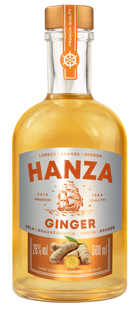 Transparente Flasche Hanza Ingwer Likör, 26% vol., 500ml. Orangefarbenes Etikett mit Segelschiff und Ingwerwurzel.
