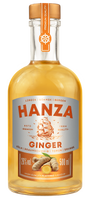 Transparente Flasche Hanza Ingwer Likör, 26% vol., 500ml. Orangefarbenes Etikett mit Segelschiff und Ingwerwurzel.