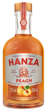 Hanza Peach Likör 22% Vol. 500 ml Flasche mit goldenem Verschluss und weiß-orangefarbenem Etikett