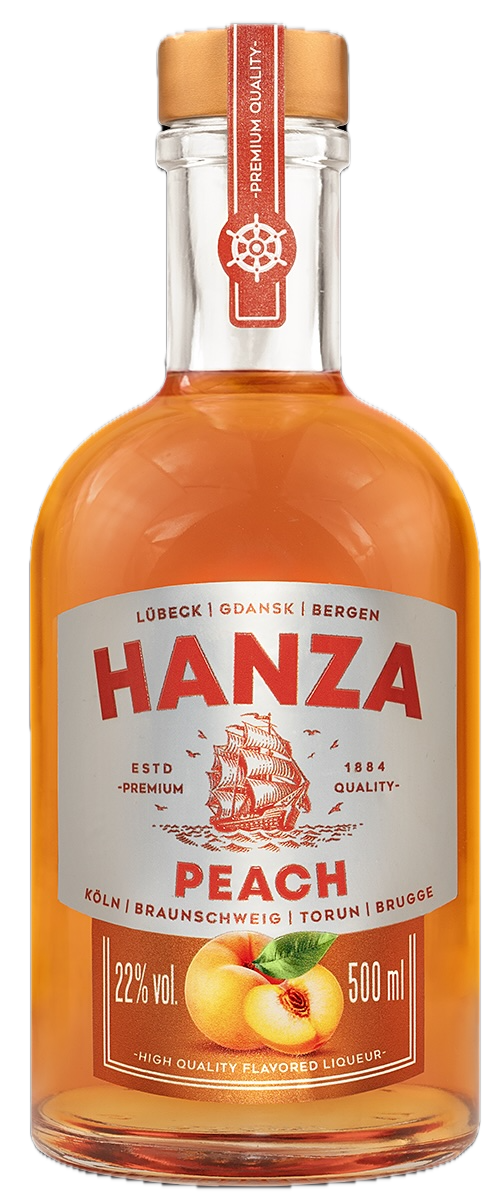Hanza Peach Likör 22% Vol. 500 ml Flasche mit goldenem Verschluss und weiß-orangefarbenem Etikett