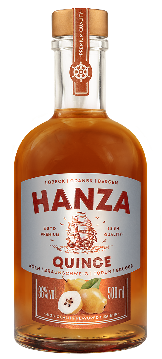 Hanza Quince Likör 36% Vol. 500 ml Flasche mit goldenem Verschluss und Quittenabbildung auf dem Etikett
