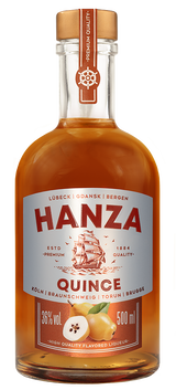 Hanza Quince Likör 36% Vol. 500 ml Flasche mit goldenem Verschluss und Quittenabbildung auf dem Etikett