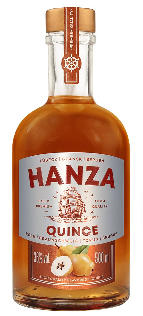 Hanza Quince Likör 36% Vol. 500 ml Flasche mit goldenem Verschluss und Quittenabbildung auf dem Etikett