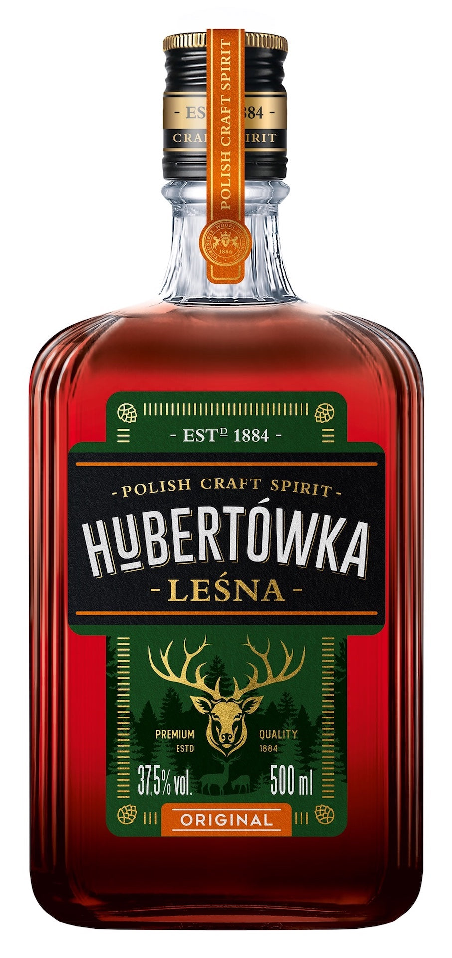 Flasche Hubertówka Leśna Original, polnische Spirituose mit Hirschsymbol, grünes und goldenes Etikett, 37,5 % vol., 500 ml.