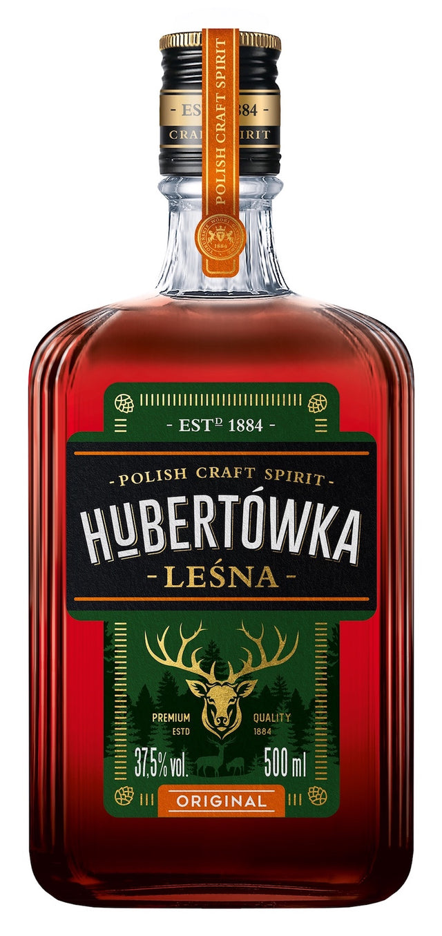 Flasche Hubertówka Leśna Original, polnische Spirituose mit Hirschsymbol, grünes und goldenes Etikett, 37,5 % vol., 500 ml.