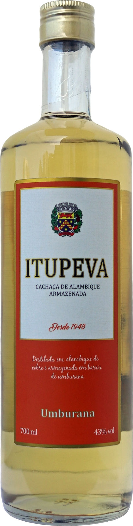 Flasche Itupeva Cachaça Umburana, 700 ml, goldene Spirituose mit rotem Etikett und Stadtwappen, 43 % Vol., goldener Schraubverschluss.