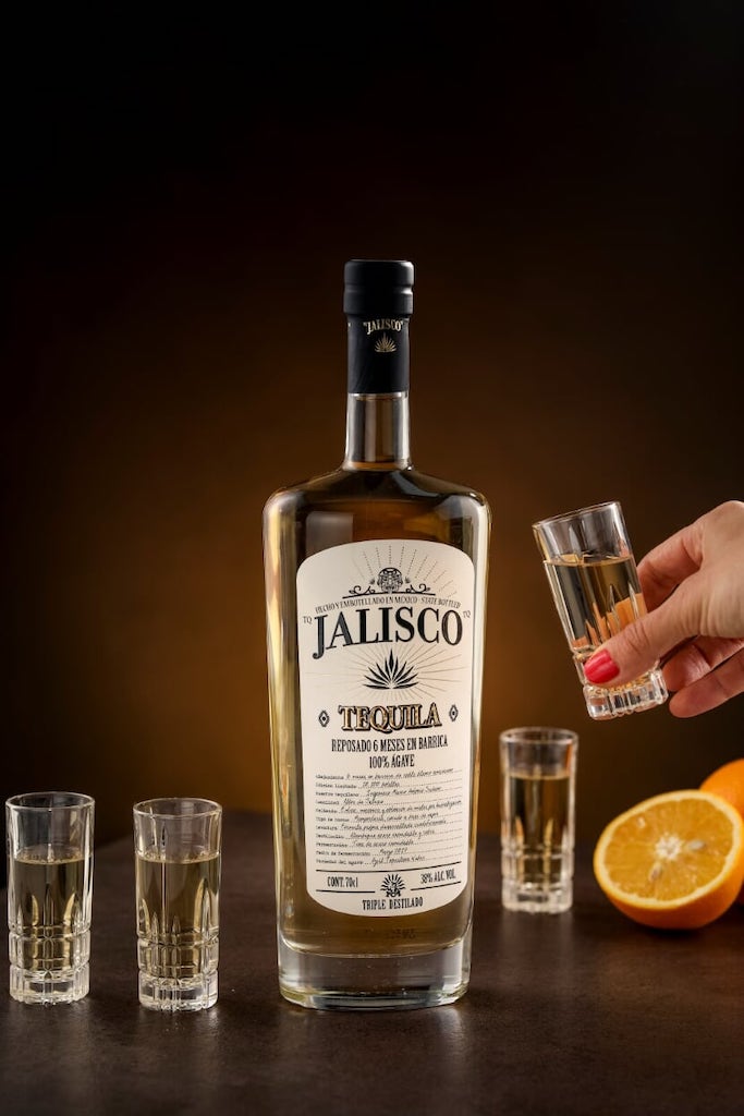 Flasche Tequila Jalisco Reposado mit drei gefüllten Shotgläsern und einer Hand, die ein Glas hält. Im Hintergrund liegt eine halbierte Orange.