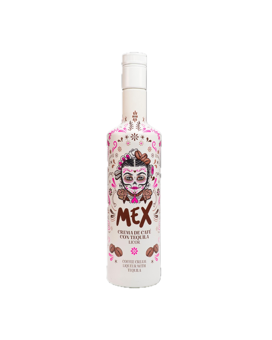 MEX Crema de Café con Tequila Likör Flasche mit Catrina-Motiv, Kaffeebohnen-Illustrationen und weißem Schraubverschluss.