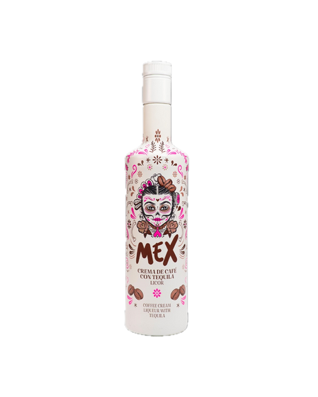 MEX Crema de Café con Tequila Likör Flasche mit Catrina-Motiv, Kaffeebohnen-Illustrationen und weißem Schraubverschluss.