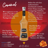 Sanz Karamellsirup mit Beschreibung zu Vanille-Aromen, Verwendung in Kaffee, Cocktails und Smoothies, auf rotem Hintergrund.