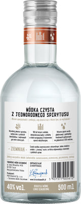 Wodka Jednorodna Ziemniaczana, polnischer Kartoffelwodka, Rückseite der Flasche, 500 ml, 40 % vol, mit Details zu Herkunft und Herstellung