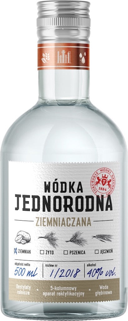 Flasche des Wodka Jednorodna Ziemniaczana, Single-Grain Kartoffelwodka aus Polen, 500 ml, 40 % vol, in klarer, moderner Aufmachung