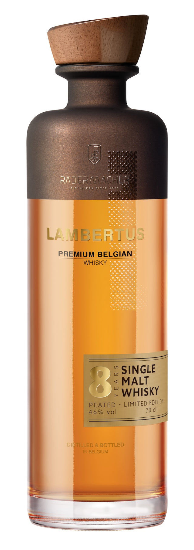 Flasche Lambertus 8 Jahre Single Malt Peated Whisky, Belgien, bernsteinfarben, 0,7l, 46% Vol.