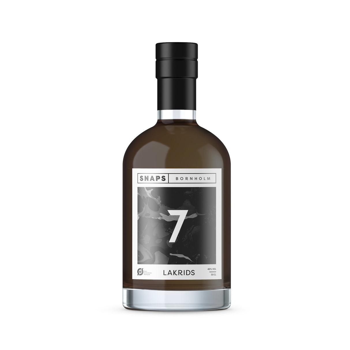 lasche Bio Lakritz Schnaps Bornholm, 700 ml, mit schwarzem Etikett und dunkler Lakritzfarbe auf hellem Hintergrund.