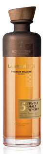 Lambertus 5Y Single Malt Sherry Cask Whisky aus Belgien in bernsteinfarbener Flasche mit Holzverschluss.