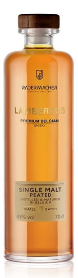Lambertus 3 Jahre Single Malt Peated Whisky Small Batch aus Belgien in bernsteinfarbener Flasche mit Holzverschluss.