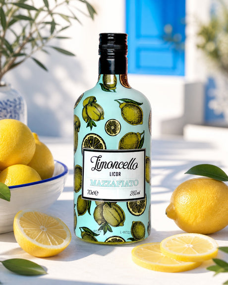 Limoncello Mazzafiato Flasche mit Zitronen auf hellem Tisch vor mediterranem Hintergrund