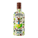 Loco Coco Likörflasche aus der Cream Heroes Serie mit buntem Design, Kokosnussmotiv und Tequila-Held auf grüner Kugel.