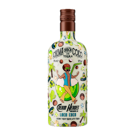 Loco Coco Likörflasche aus der Cream Heroes Serie mit buntem Design, Kokosnussmotiv und Tequila-Held auf grüner Kugel.
