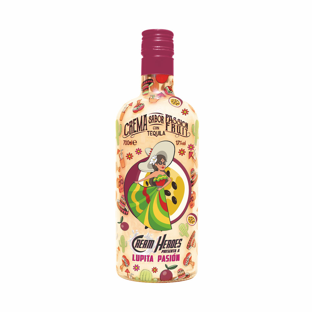 Lupita Pasión Maracuja-Tequila-Likör, bunte Flasche mit mexikanischen Motiven und Frau im traditionellen Kleid, 700ml.