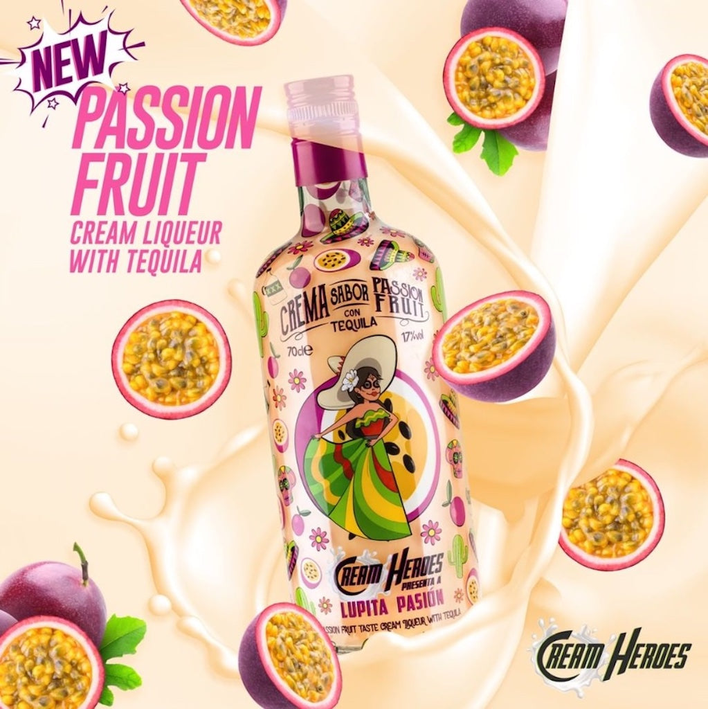 Lupita Pasión Maracuja-Cremelikör mit Tequila und Passionsfrüchten, beworben als neues Produkt von Cream Heroes.