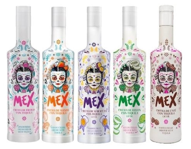MEX Tequila Sahnelikör Set mit Erdbeere, Mango, Maracuja, Melone und Kaffee im La Catrina Design